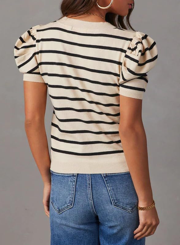 Puff Short-Sleeve Striped T-Shirt Blouse