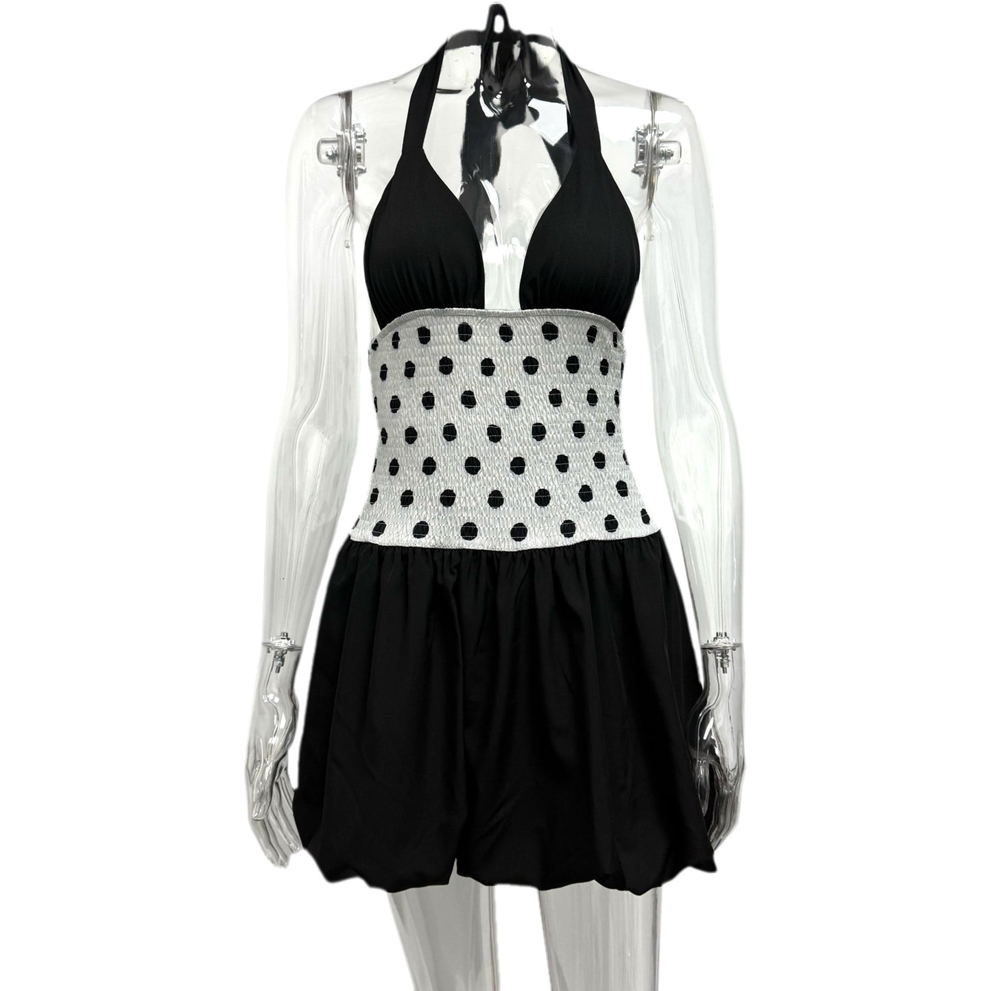 Polka Dot Halter Backless Slim Strap Dress