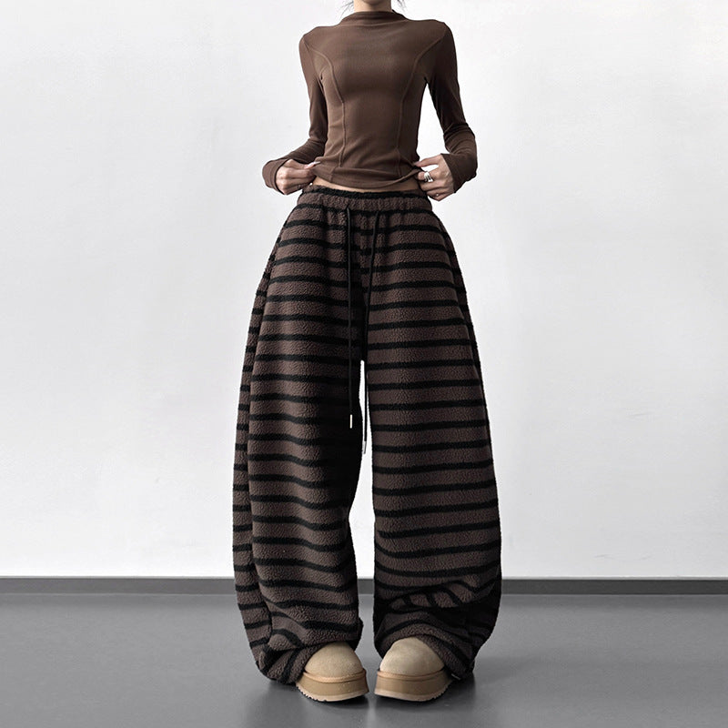 Laid-back Striped Womens Drawstring Loose Casual Pants