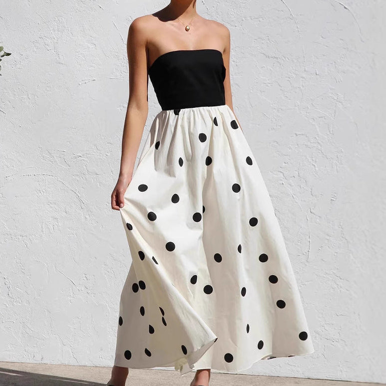 Polka Dot Print Strapless Top with A- Line skirt Dress