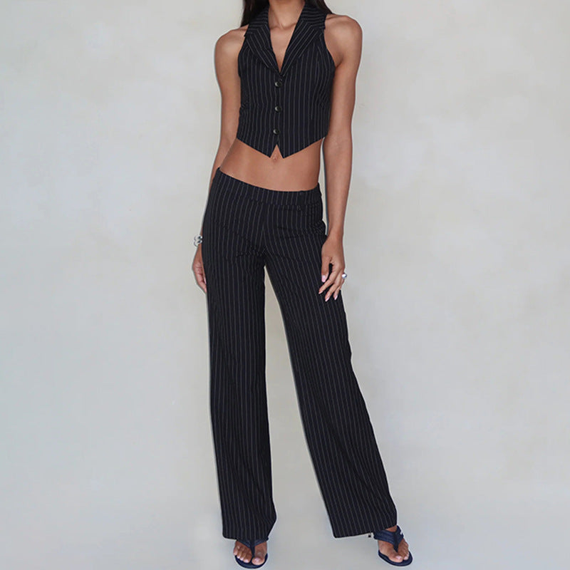 Suit Collar Breasted Striped Vest Commuter Low Waist Pants Suit