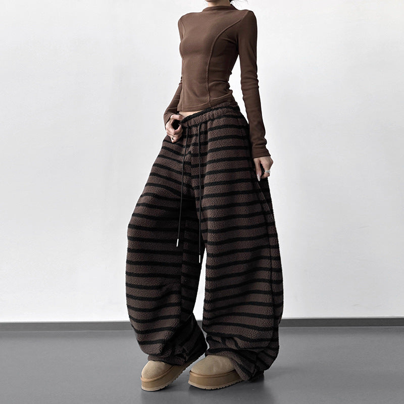 Laid-back Striped Womens Drawstring Loose Casual Pants