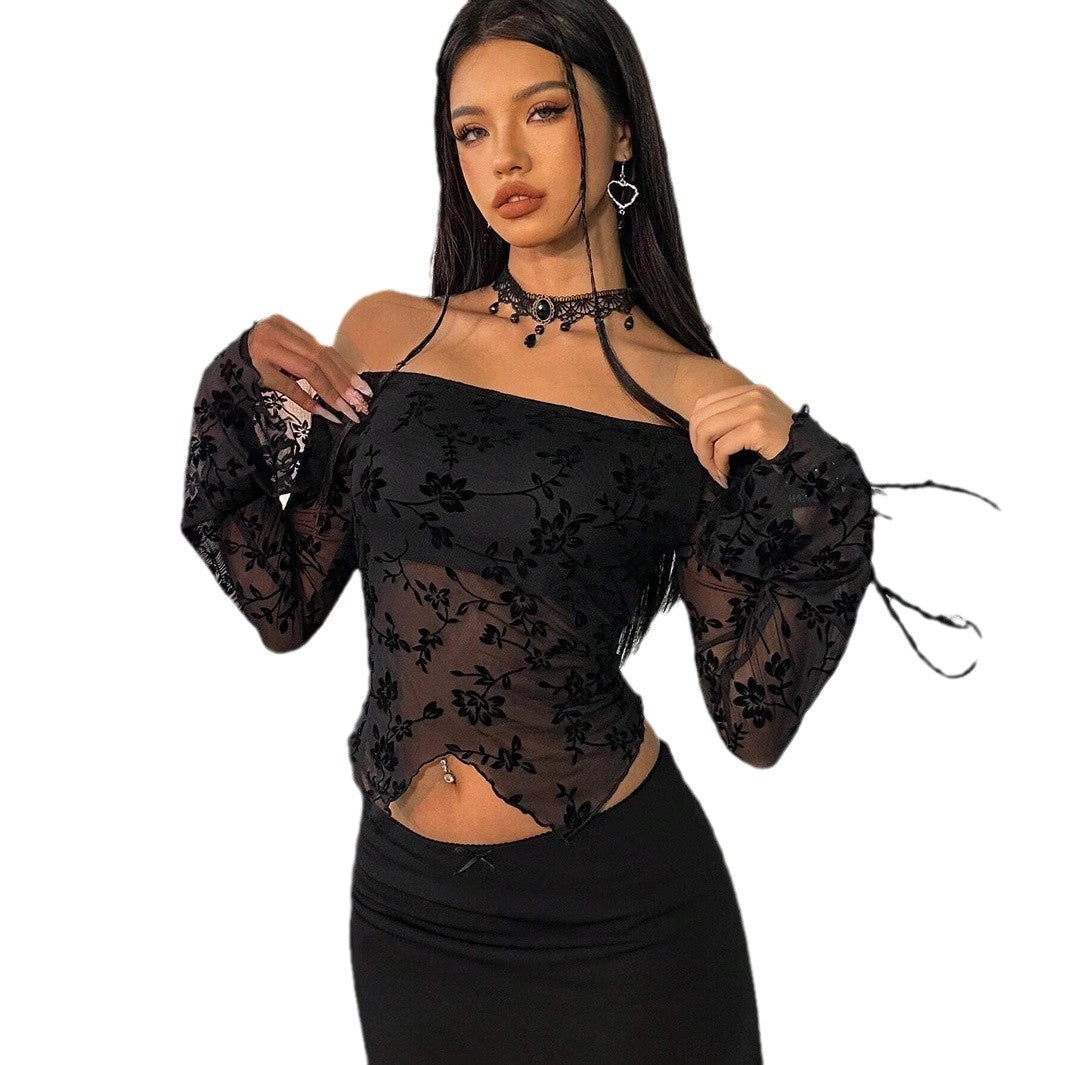 Floral Mesh Off-the-Shoulder Flare-Sleeve Top
