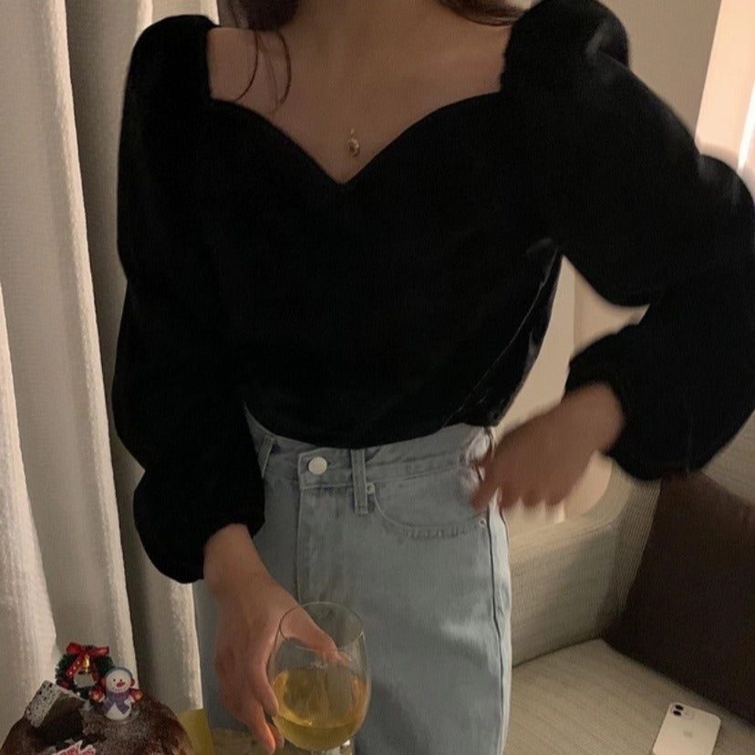 Square Neck Puff Sleeve Velvet Shirt Long Sleeve