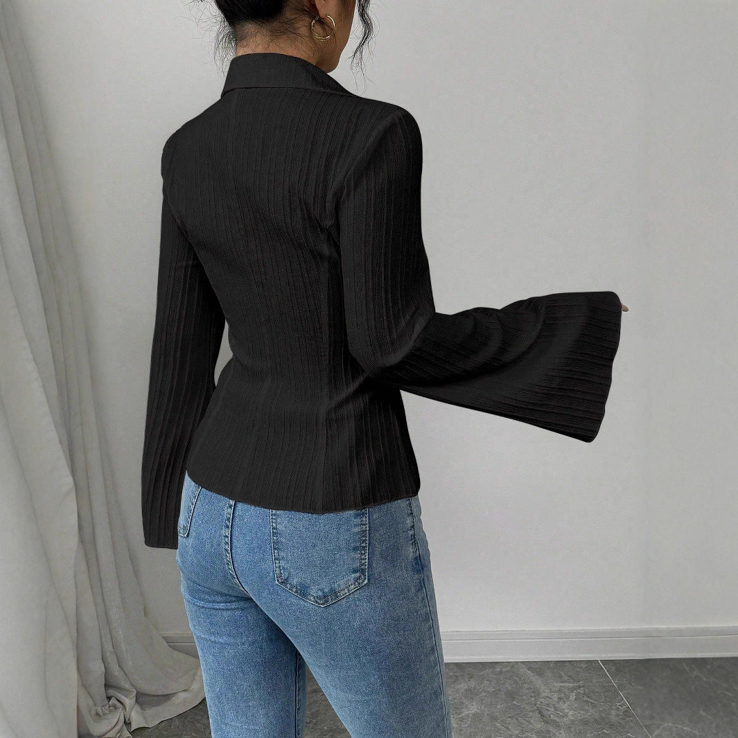 Elegant V-neck Striped Flare Sleeve Blouse