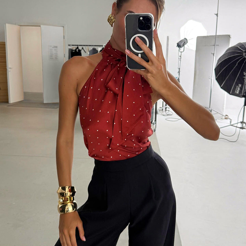Polka Dot Lace-up Halterneck Camisole