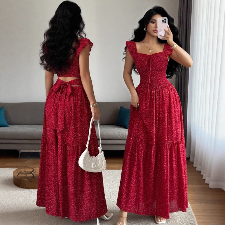Red Halterneck Floral Print Square-cut Dress