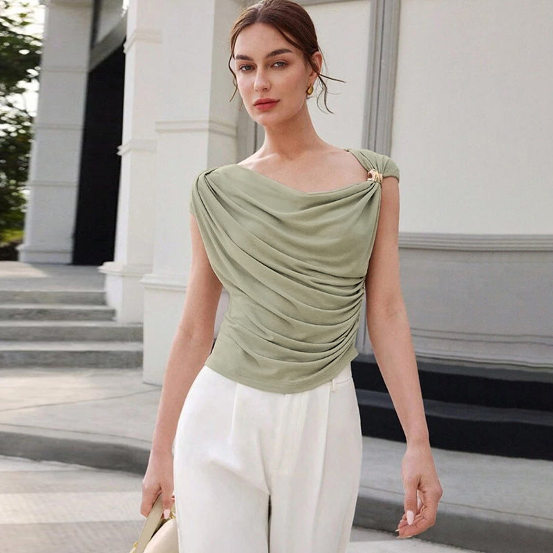 Personality Diagonal Collar Sleeveless Cinched Slimming Pullover