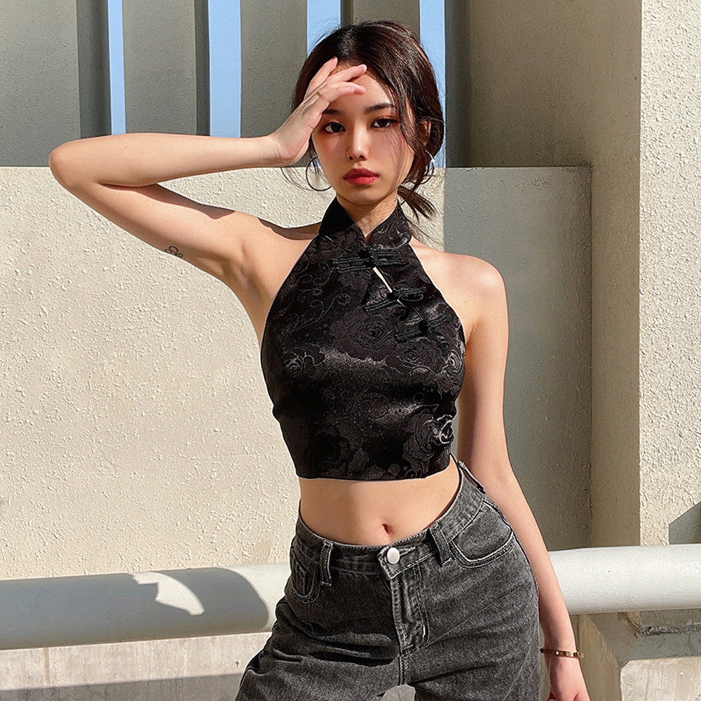 Cheongsam Element Neck Hanging Crop Top