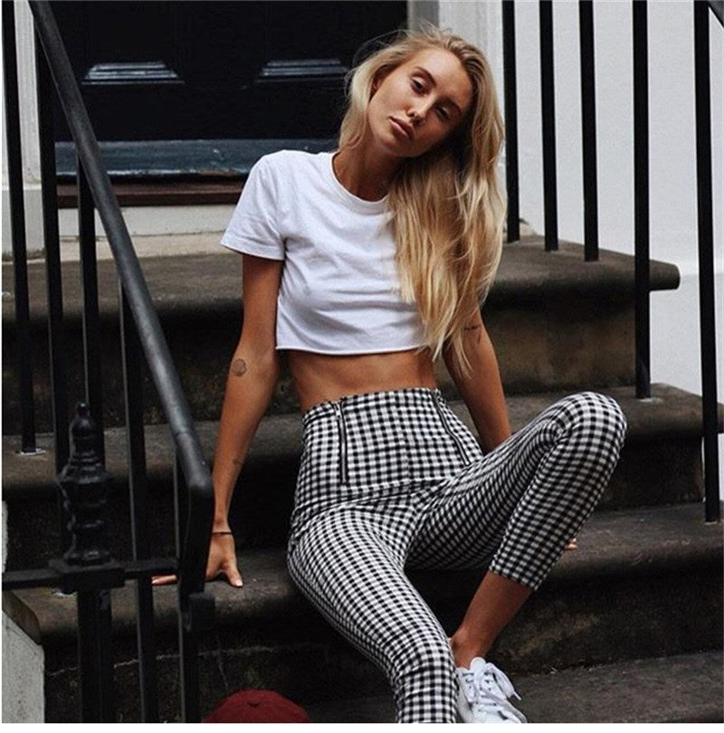 Plaid high waist casual pants