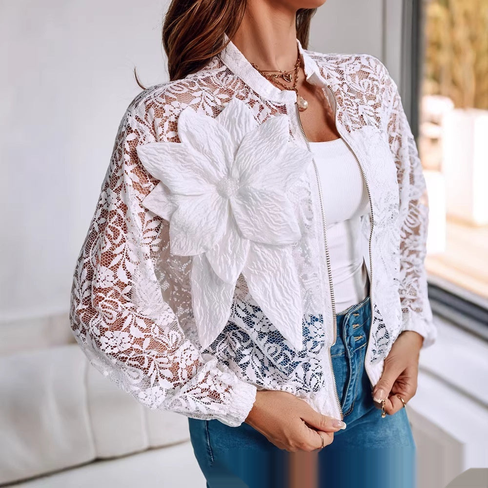 Sheer Lace Fabric Cropped Jacket With 3D Floral Detailing