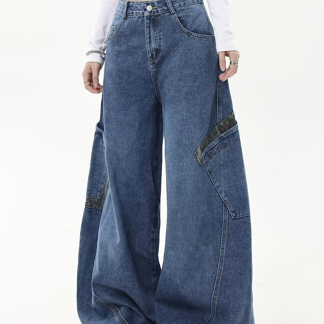 Vintage Leopard Print Patchwork Large Pocket Jeans