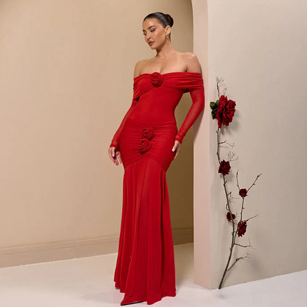 Off-shoulder Pleated Dress Flower Dress
