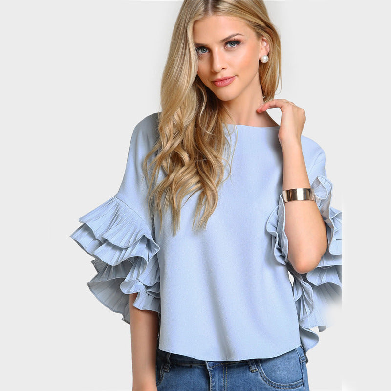 Ladies T-shirt Round Neck Lotus Leaf Double Layer Bell Sleeve Short Chic Top