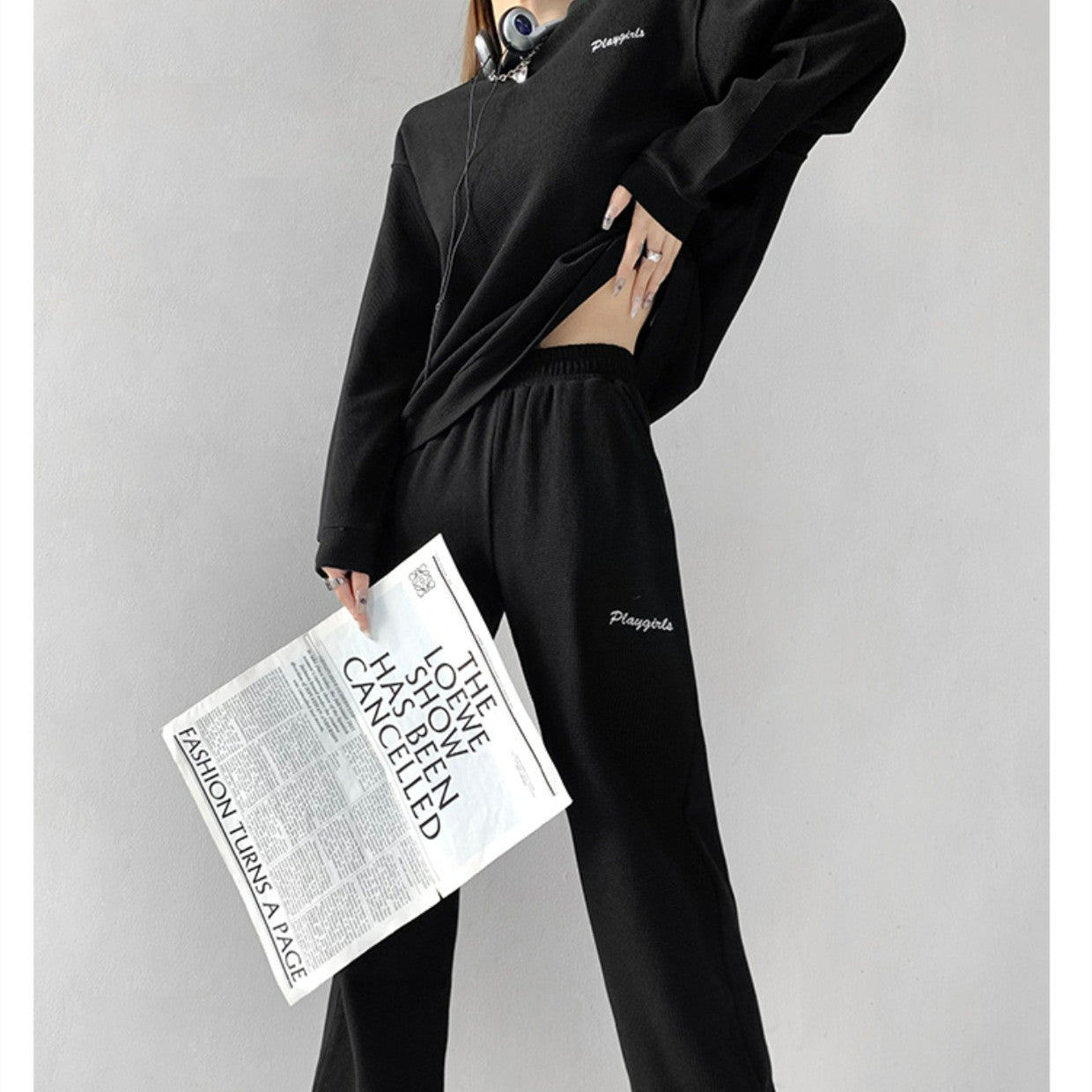 Waffle Long Sleeve Crew Neck Sweater \Track Pants Sports Suit