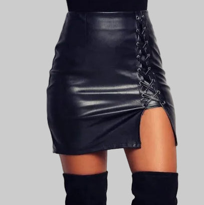 Black Lace Up PU Leather Mini Skirt