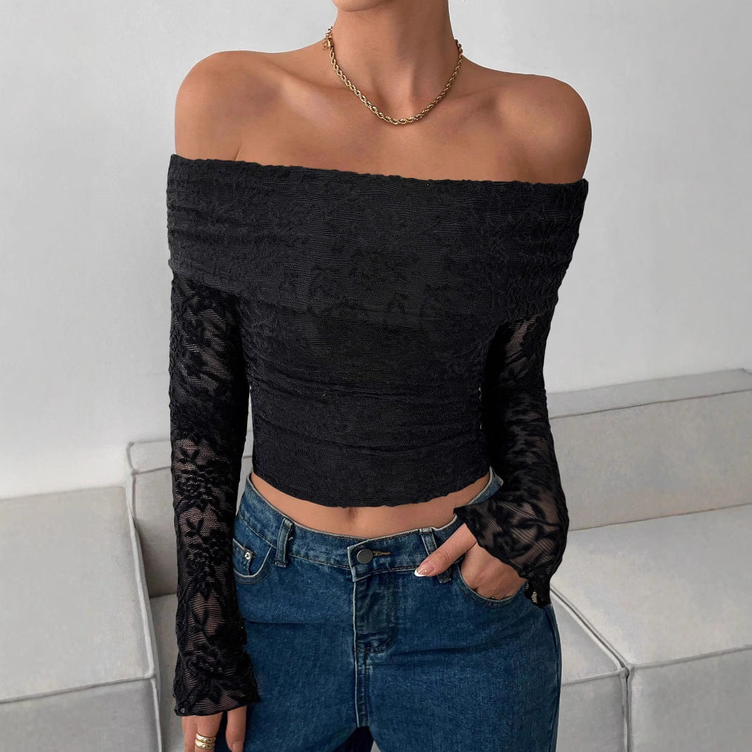 Off-shoulder Long-sleeve Slim-fit Mesh Blouse
