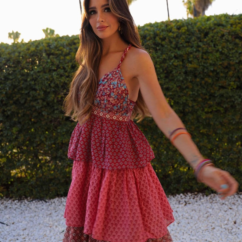 French Retro Casual Vacation Style Spaghetti-strap Floral Print Stacked Dress