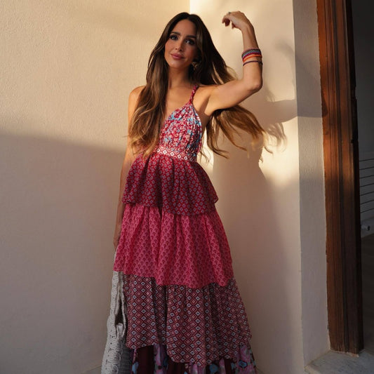 French Retro Casual Vacation Style Spaghetti-strap Floral Print Stacked Dress
