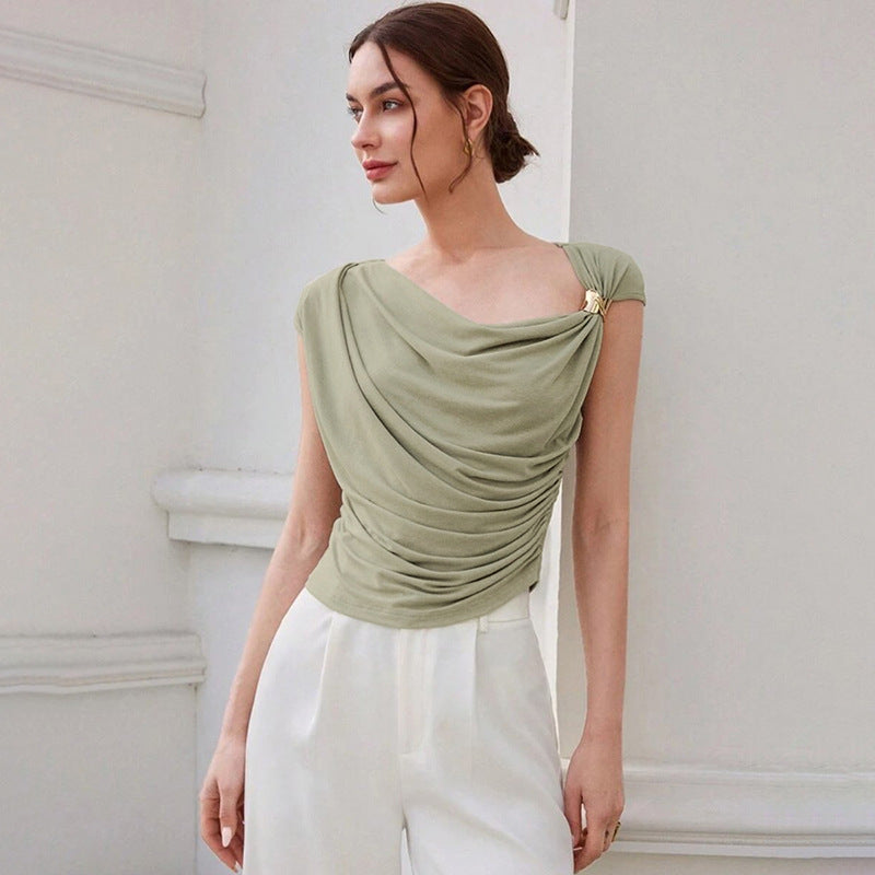 Personality Diagonal Collar Sleeveless Cinched Slimming Pullover