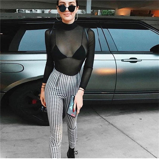 Plaid high waist casual pants