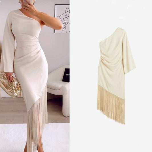 Pleated Slim-fit Slant-cut Bottom Tassel One-shoulder Vacation Casual Dress