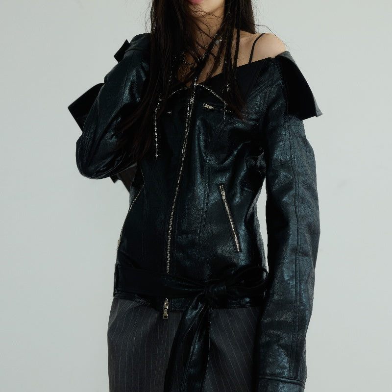 Off-shoulder Chapped PU Leather Narrow Jacket Outerwear