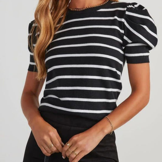 Puff Short-Sleeve Striped T-Shirt Blouse