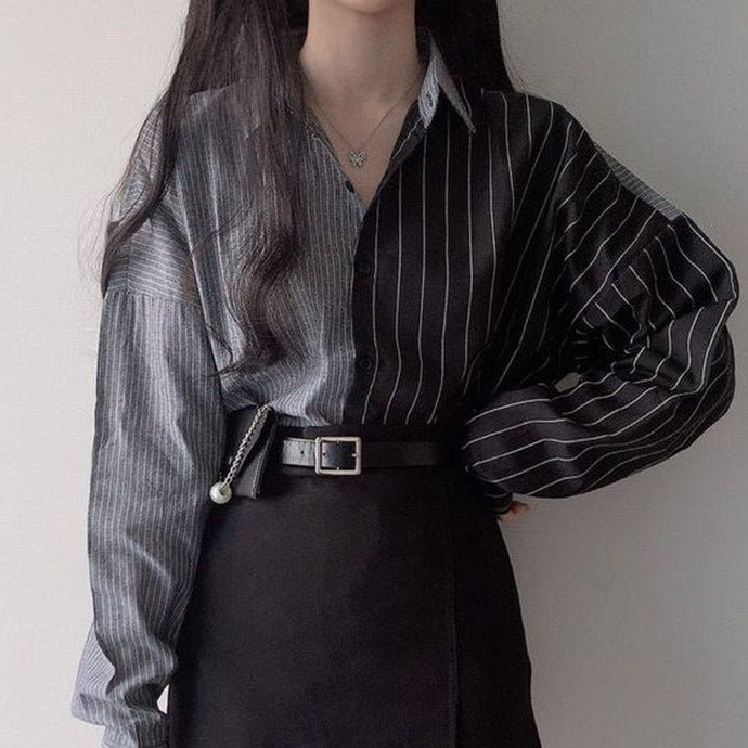 Dual Stitching Loose Striped Shirt Blouse