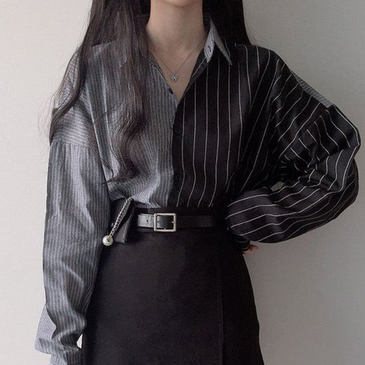 Dual Stitching Loose Striped Shirt Blouse