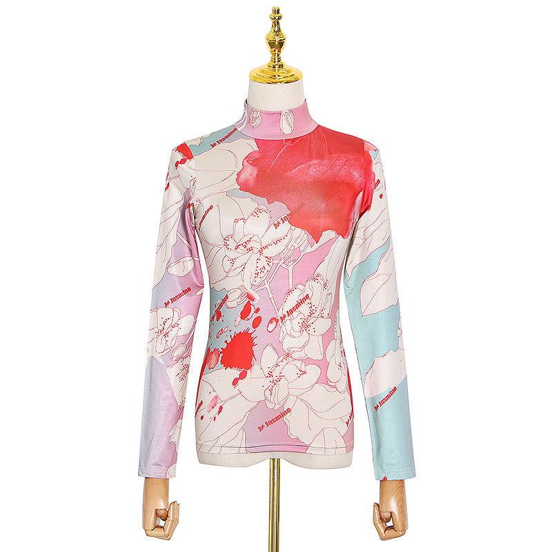Women's Fashionable Vintage Printed Turtleneck Long Sleeve Slim Bottoming Shirt