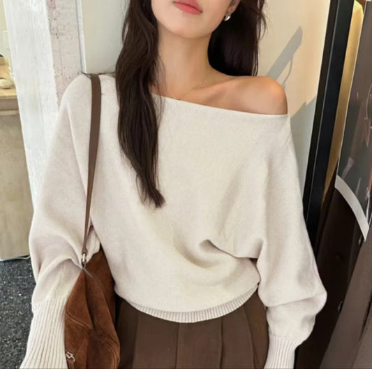 Long-sleeve Knit Top Slanted Shoulder Blouse