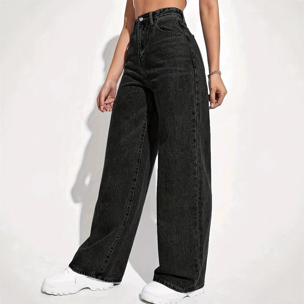 High-waisted Dark-blue Wide-leg Floor-length Jeans
