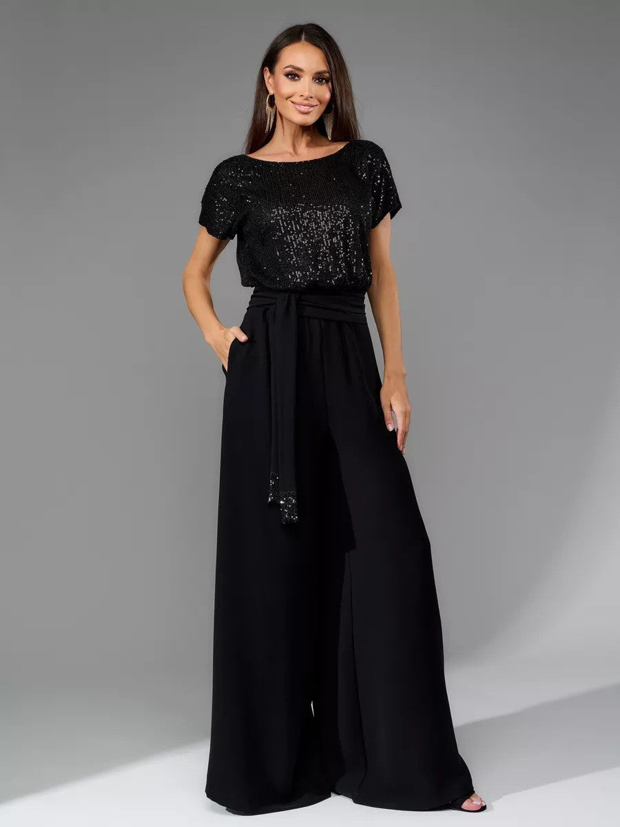 One-piece Sequin short Sleeve Jumpsuit Trousers