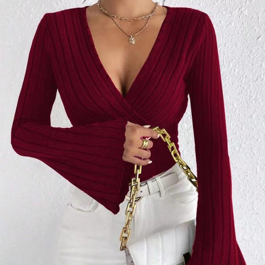 Sunken Stripe V-neck Flared Slim-fit Blouse