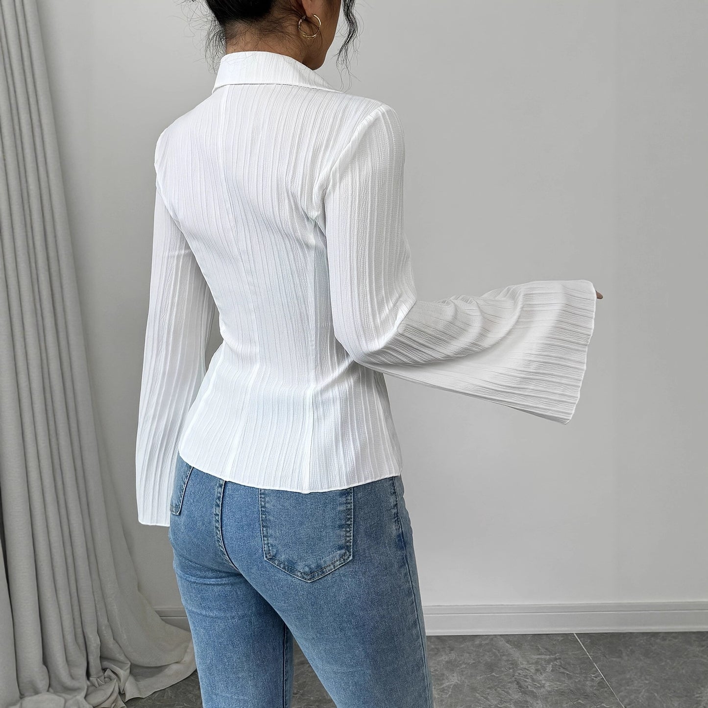 Elegant V-neck Striped Flare Sleeve Blouse