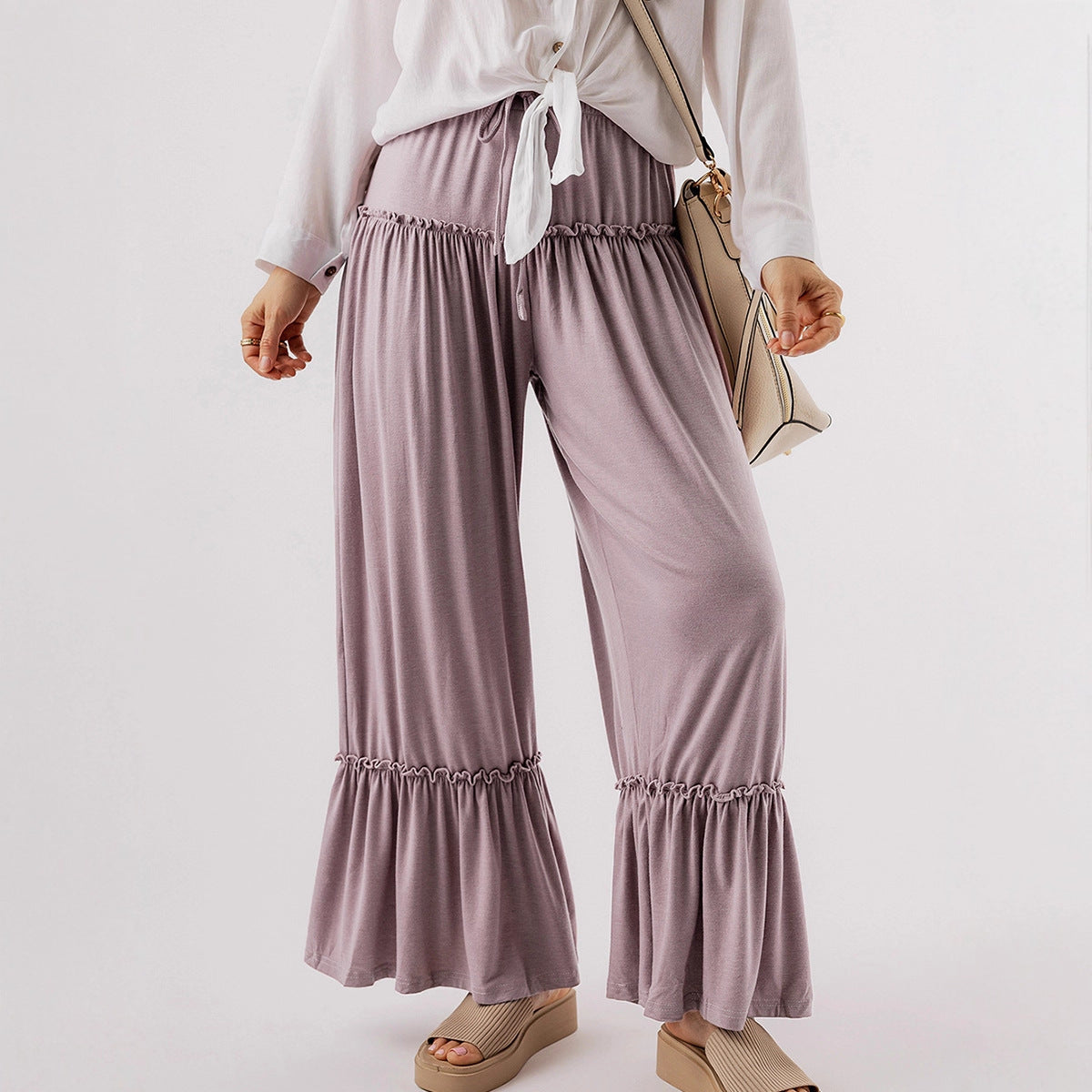 High-waisted Casual Drawstring Wide-leg Pants