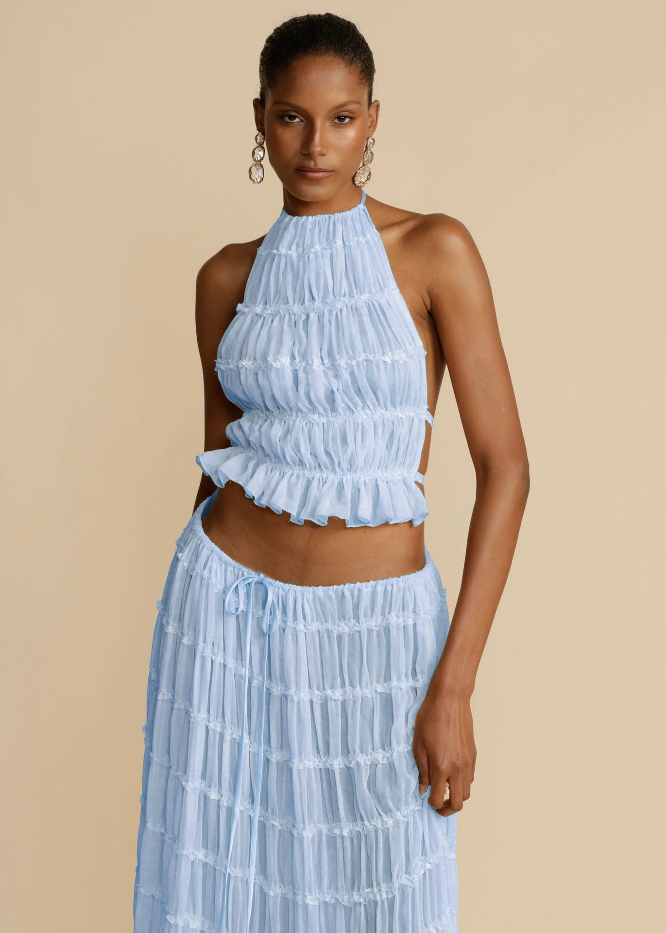 2pcs Women's Dress Suit Sexy Sleeveless Backless Cropped Halter Top And Pleated Long Skirt Beach Clothing