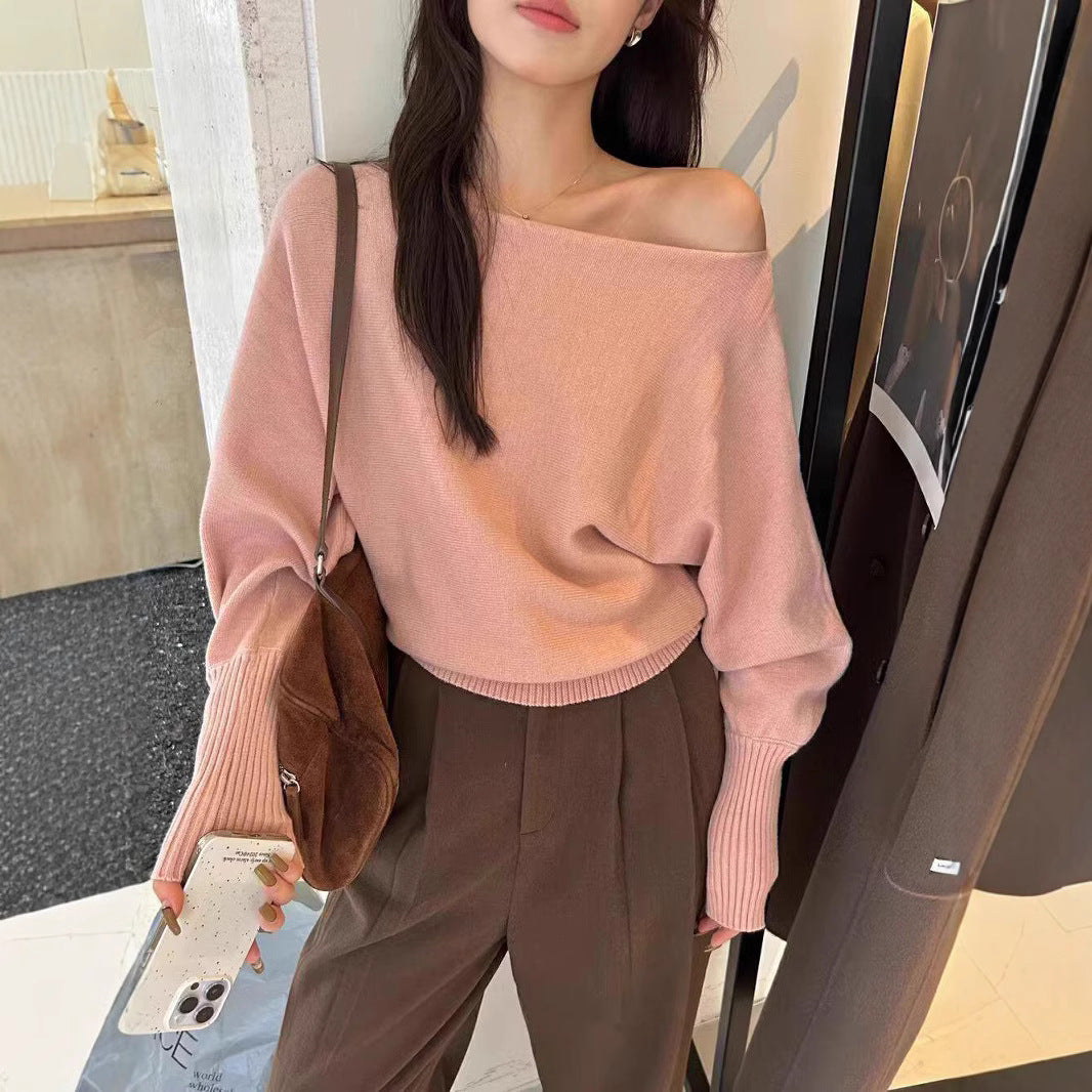 Long-sleeve Knit Top Slanted Shoulder Blouse