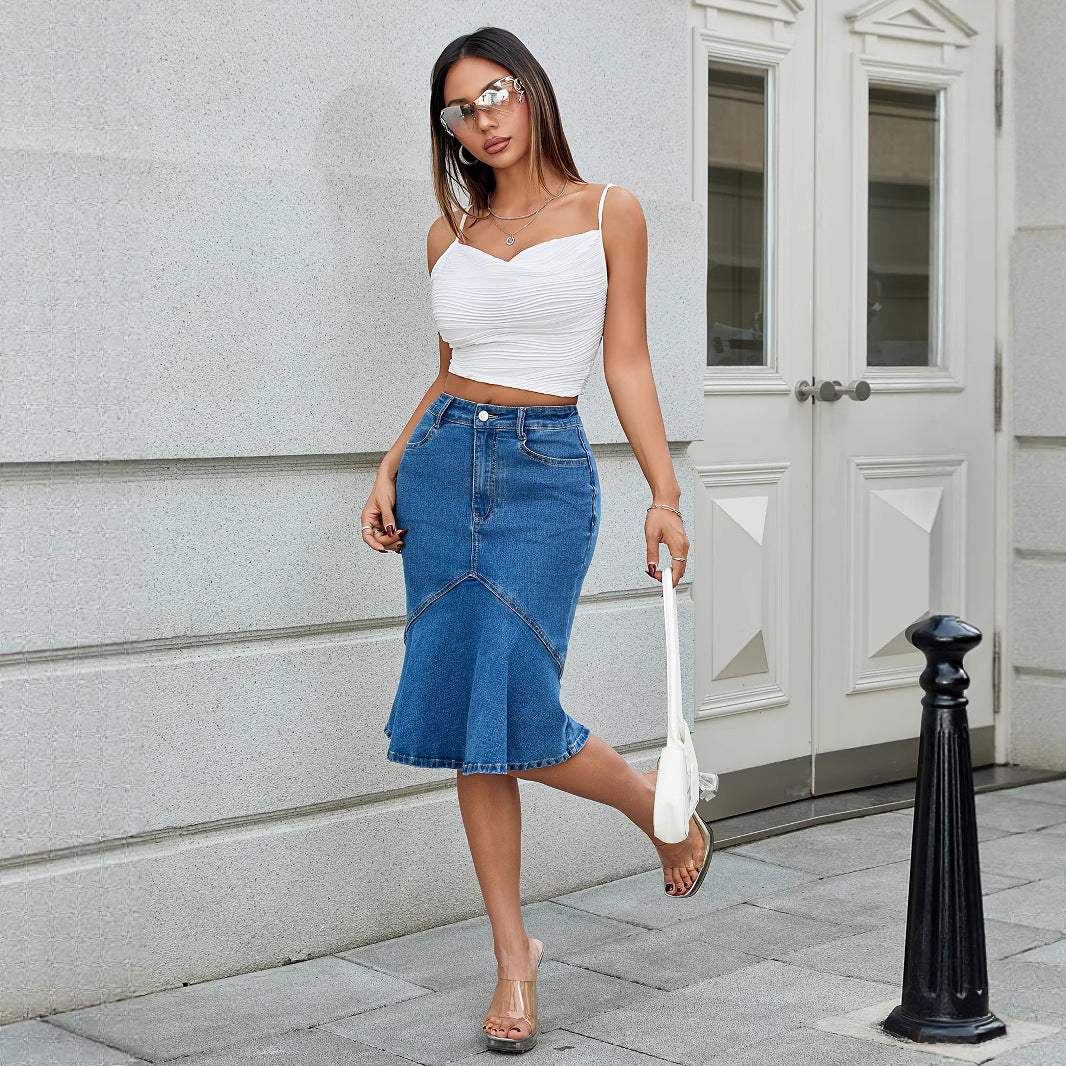 Fitted Midi Blue Denim Skirt