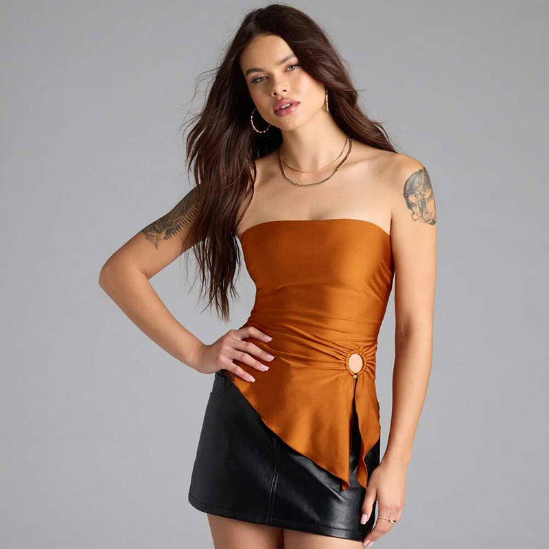 Strapless Buckle Beveled Tight Top Blouse