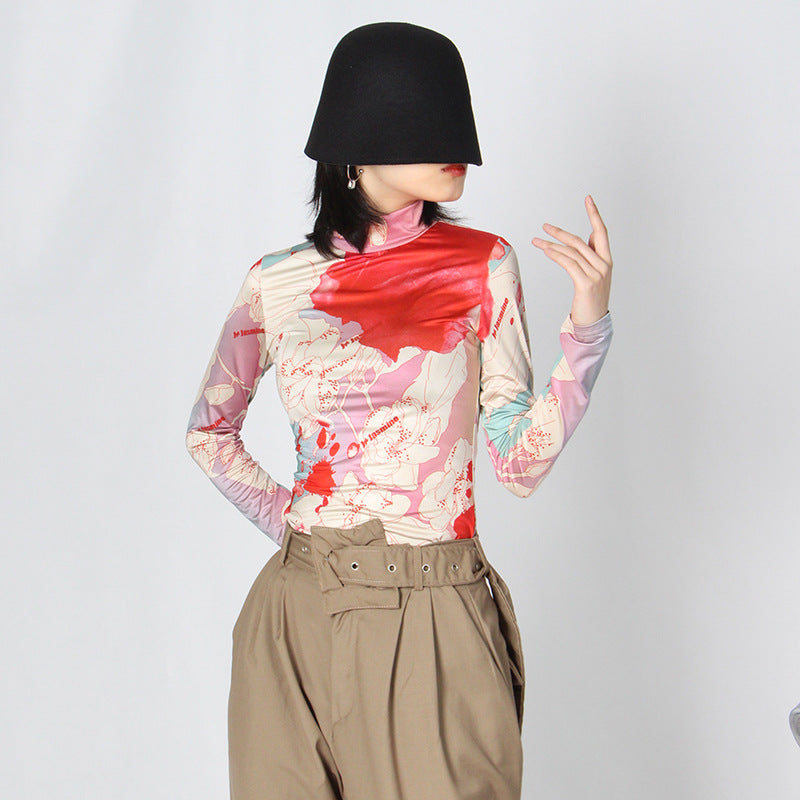 Women's Fashionable Vintage Printed Turtleneck Long Sleeve Slim Bottoming Shirt