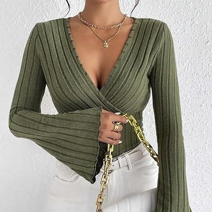 Sunken Stripe V-neck Flared Slim-fit Blouse