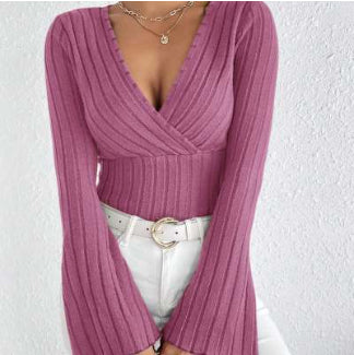 Sunken Stripe V-neck Flared Slim-fit Blouse