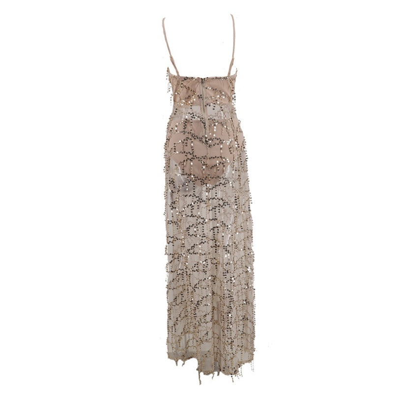 Sequined suspender tassel dress