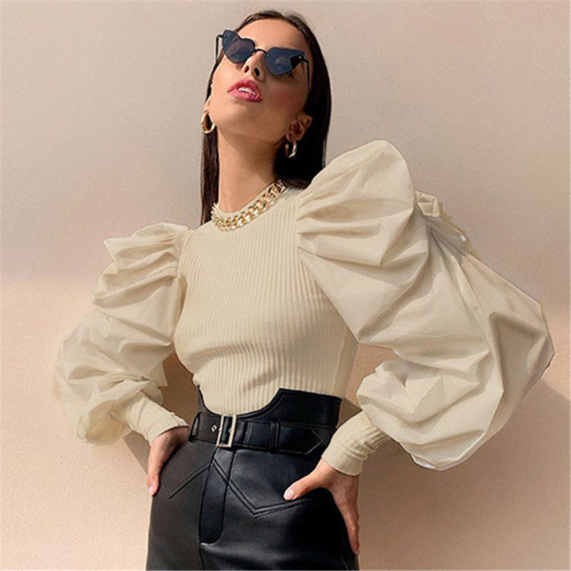 Lantern Puff Sleeve Panel Shirt Top