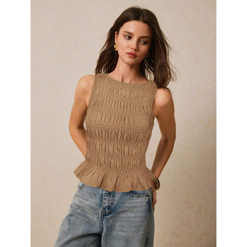 Womens Solid-Color Pleated Crew-Neck Casual Tank Top