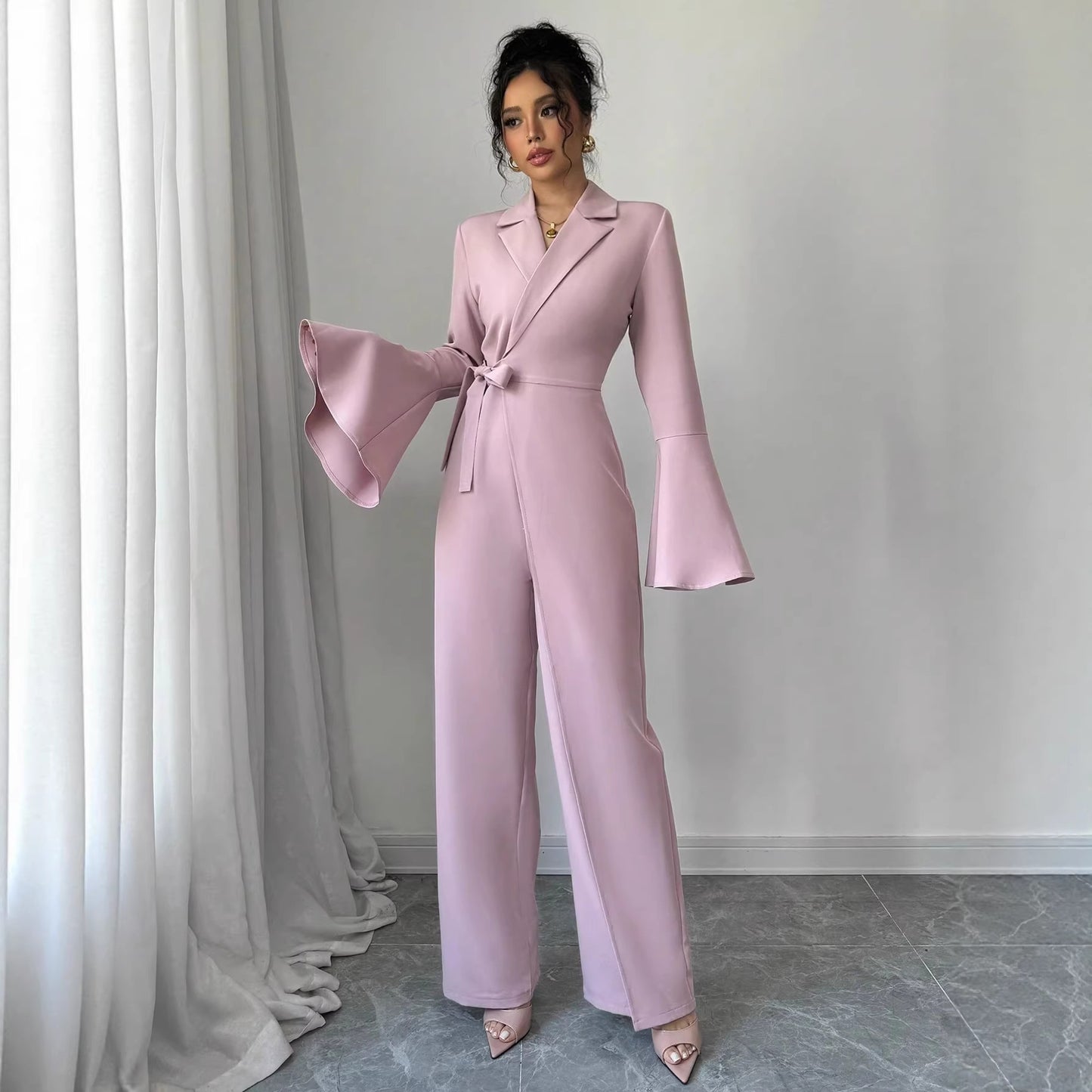 Elegant Long-sleeve Flared-sleeve Wide-leg Jumpsuit