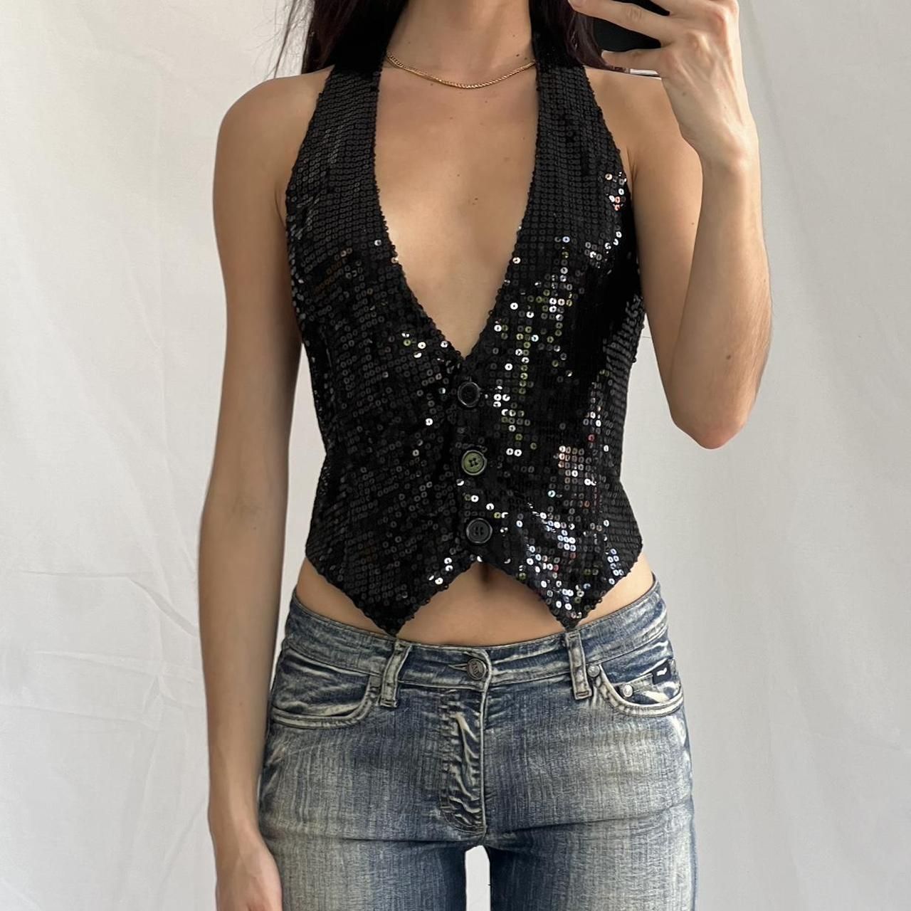 Halterneck Sequins Backless Button-up Crop Top