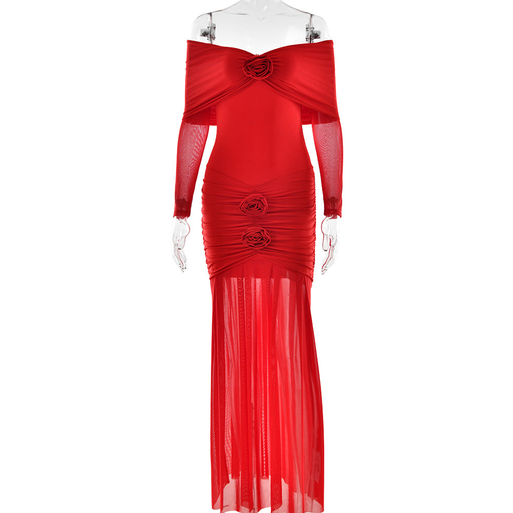 Off-shoulder Pleated Dress Flower Dress